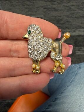 Vintage Gold Poodle Brooch with Clear Rhinestones and Pearl Accents
